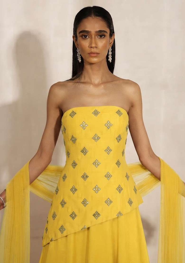 Butter Yellow Embellished Lehenga Set - Indya