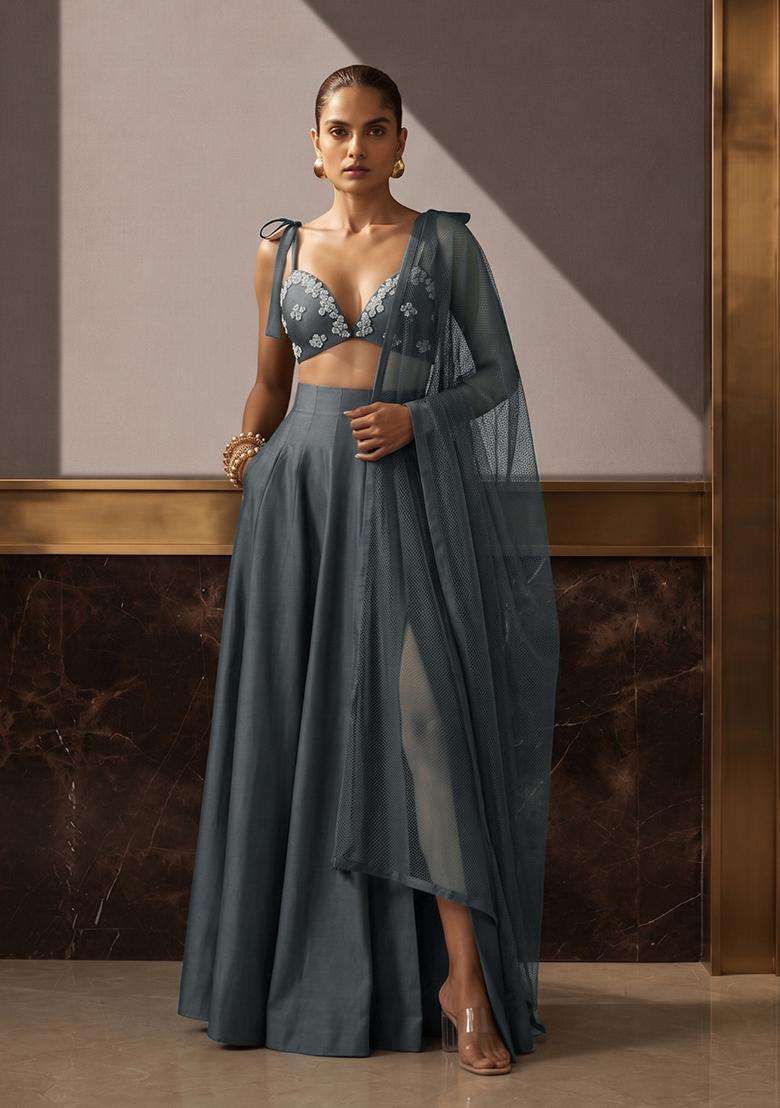 Charcoal Grey Embellished Fusion Set - Indya
