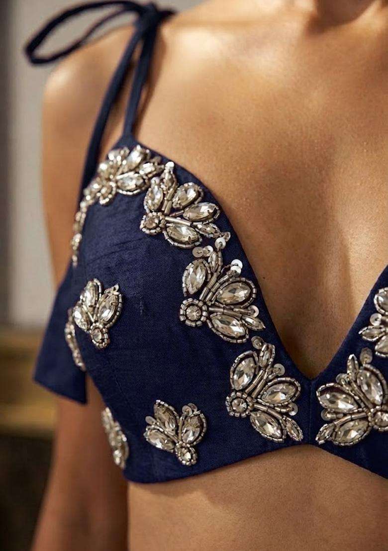 Navy Blue Embellished Lehenga Set - Indya