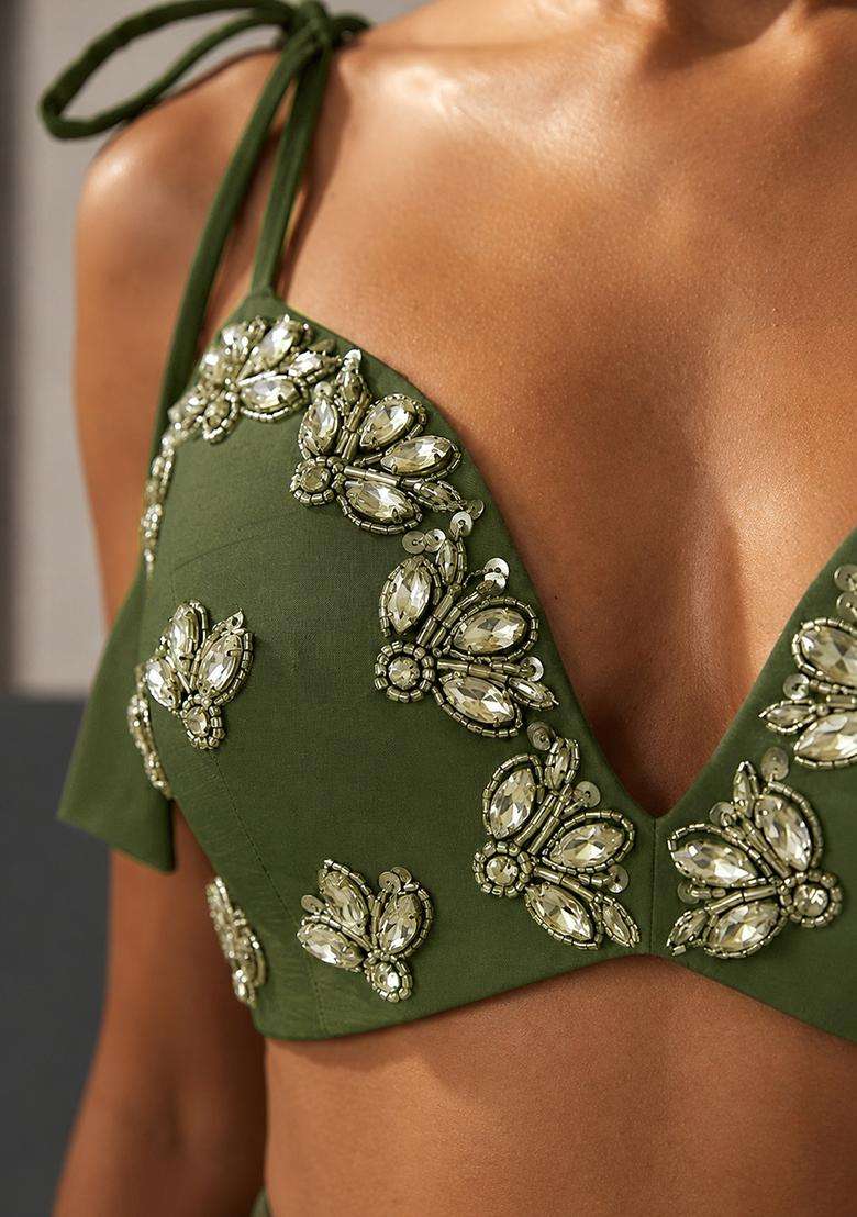 Olive Embellished Lehenga Set - Indya
