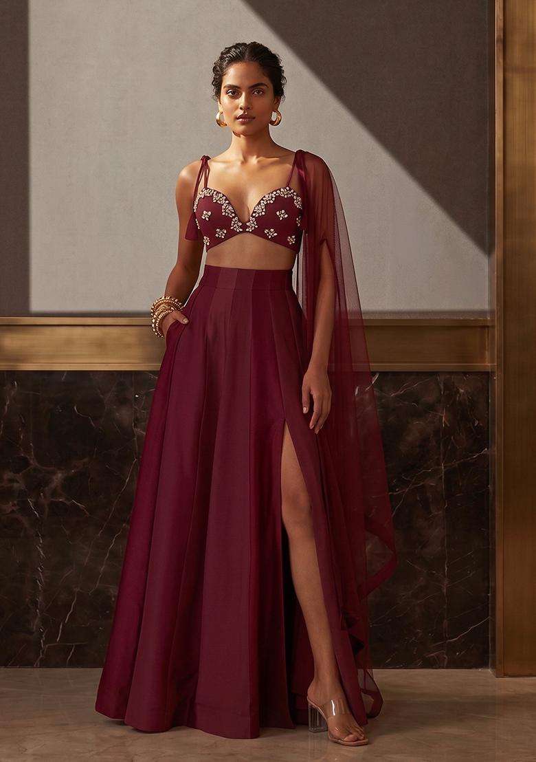 Burgundy Wine Embellished Lehenga Set - Indya