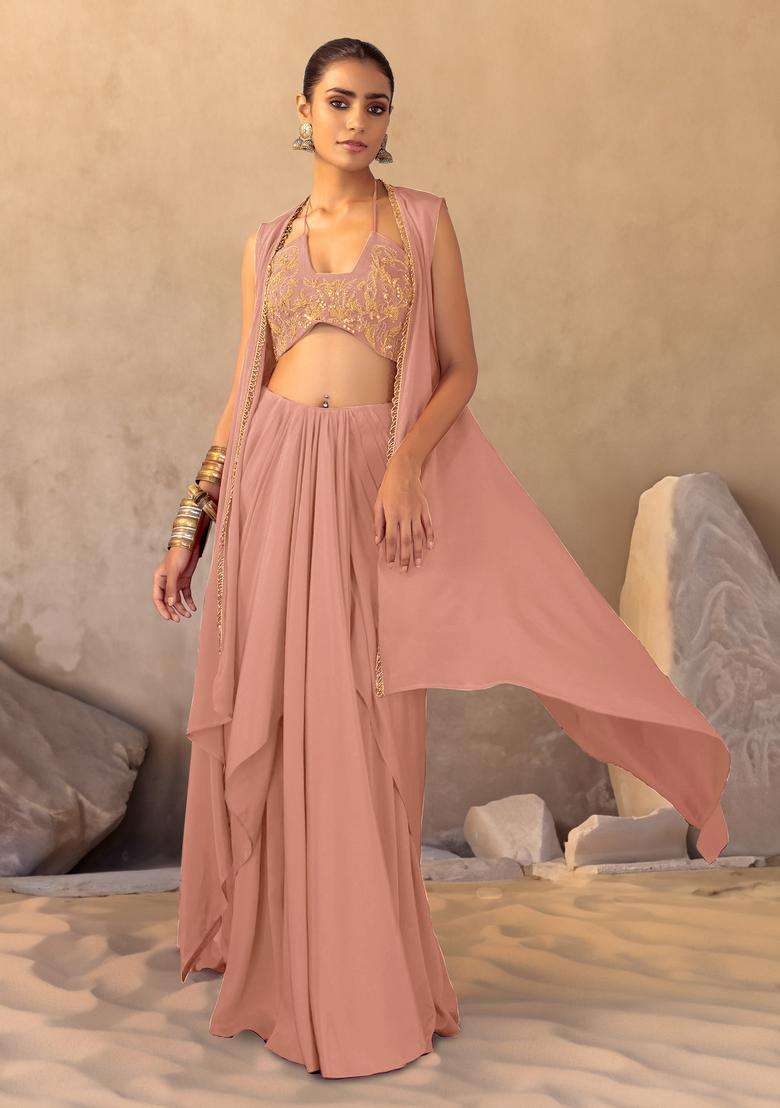 Peach Pink Hand Work Fusion Set - Indya