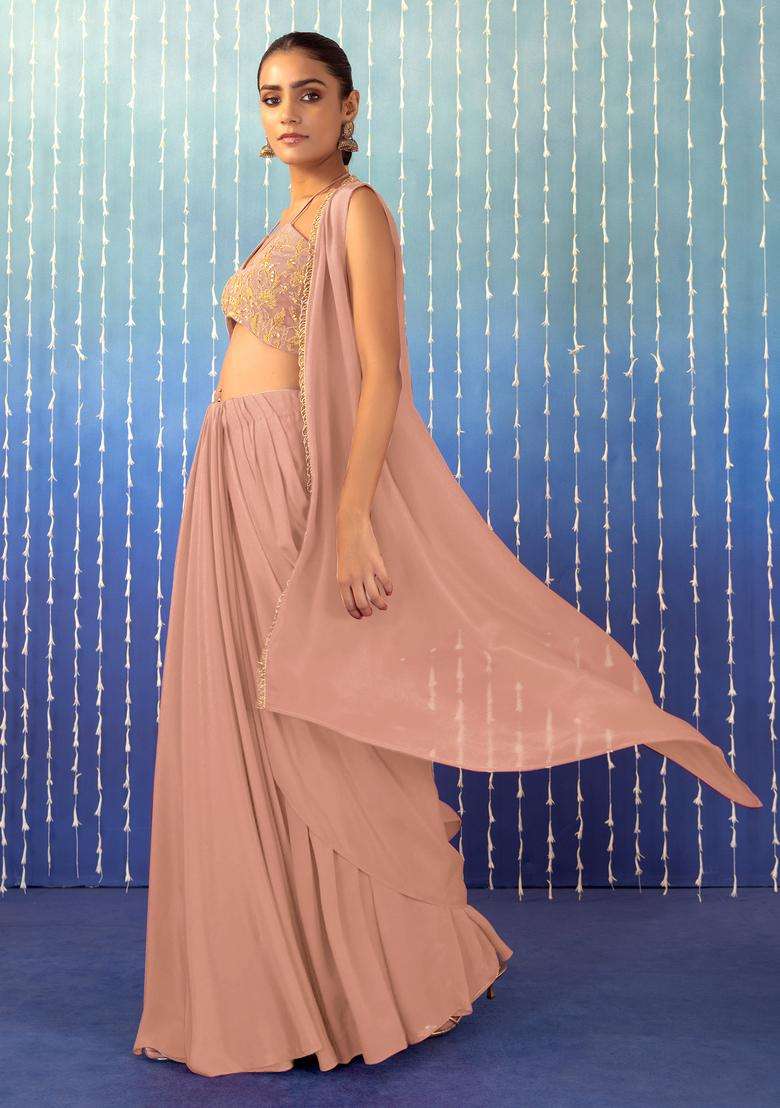 Peach Pink Hand Work Fusion Set - Indya