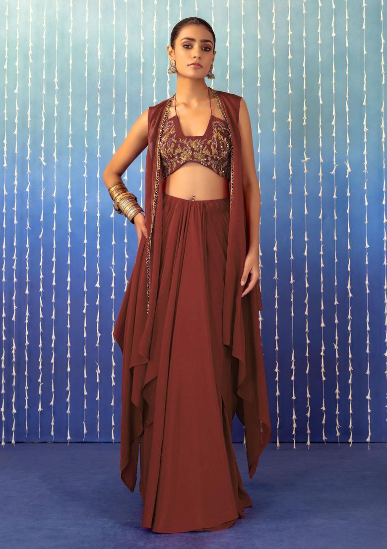 Rust Orange Hand Work Fusion Set - Indya