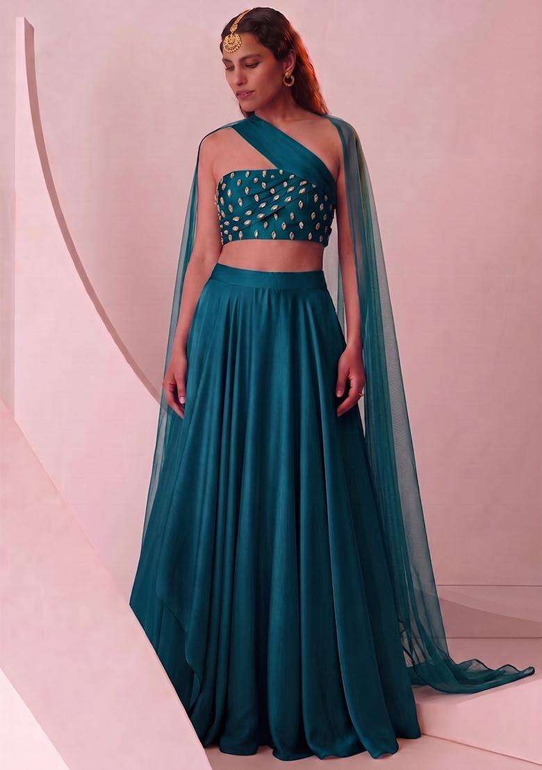 Teal Green Handwork Lehenga Set - Indya