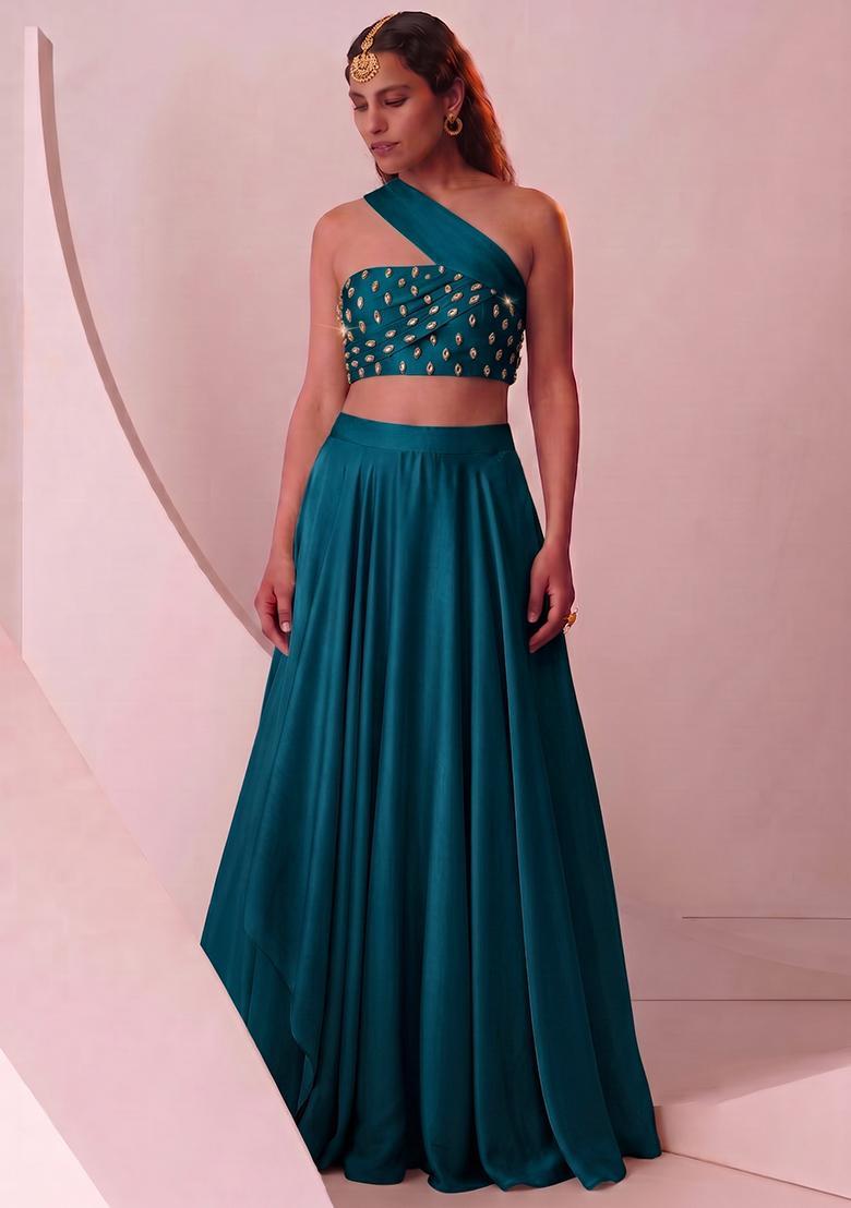 Teal Green Handwork Lehenga Set - Indya