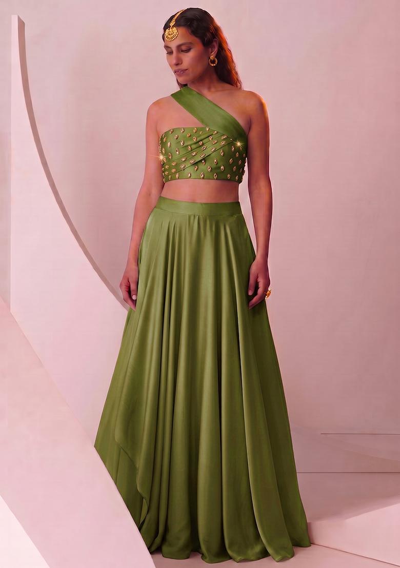 Olive Green Handwork Lehenga Set - Indya