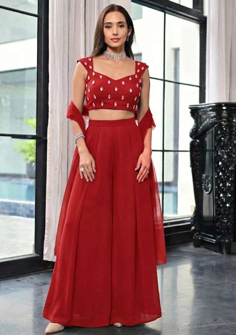 Bright Red Fusion Set with Handwork for Diwali | Wedding & Festive Wear - Indya