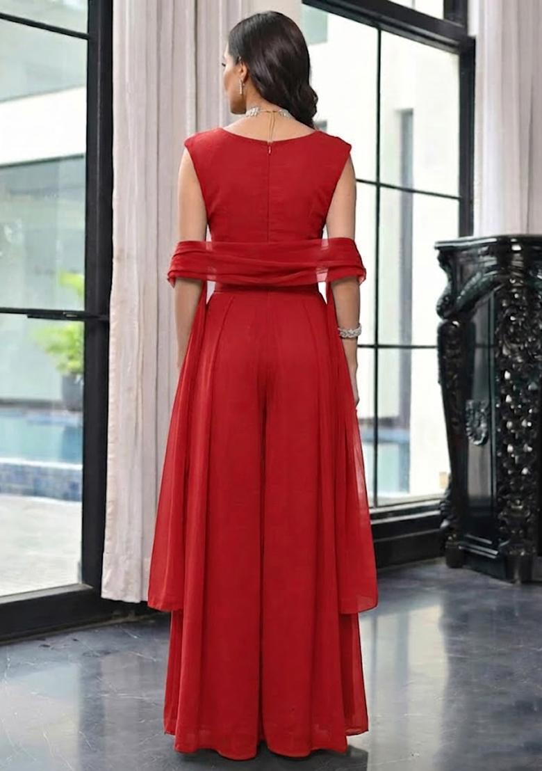 Bright Red Handwork Fusion Set - Indya