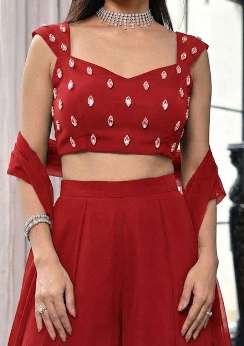Bright Red Fusion Set with Handwork for Diwali | Wedding & Festive Wear - Indya