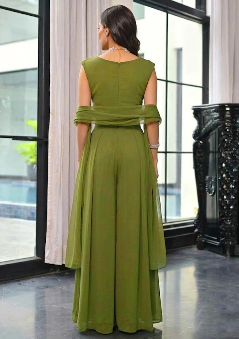 Olive Green Handwork Lehenga Set - Indya