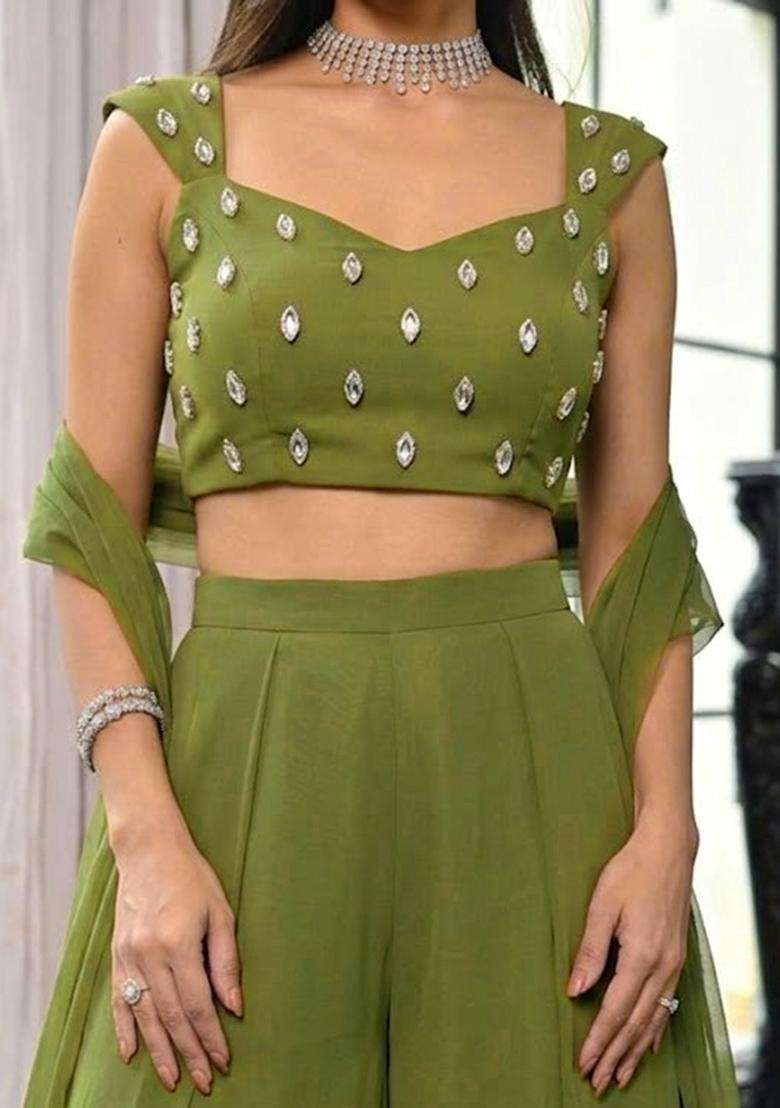 Olive Green Lehenga Set with Handwork for Diwali | Wedding & Festive Wear - Indya