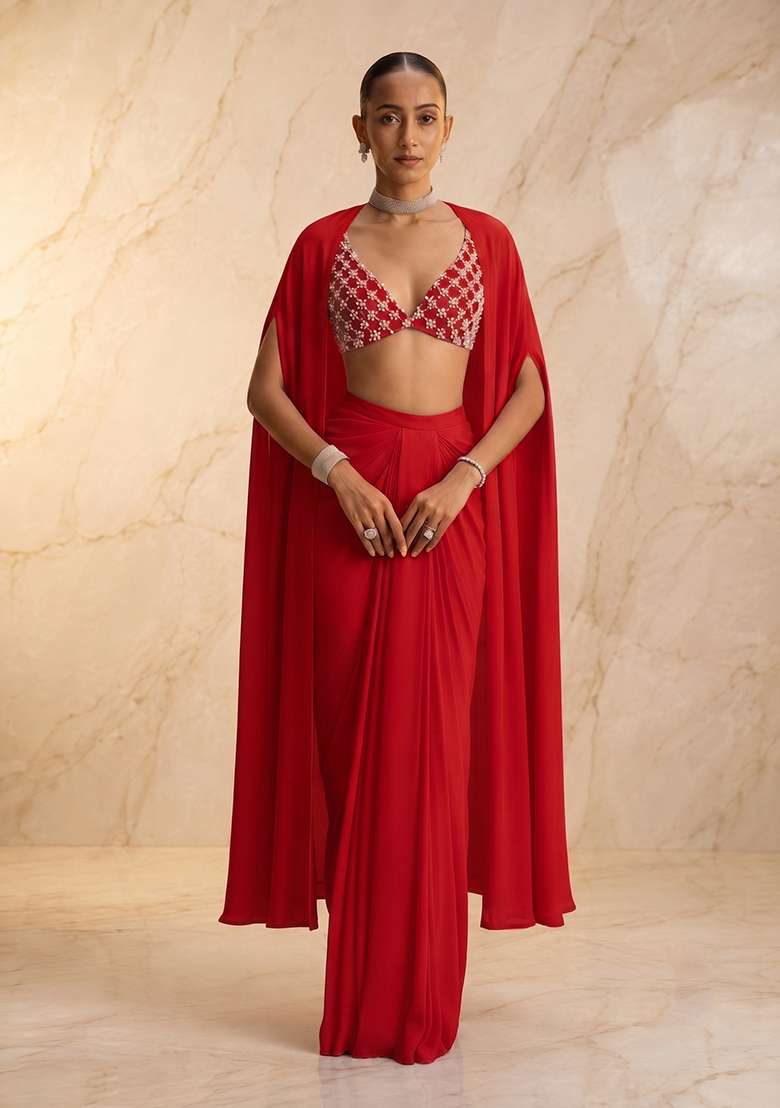 Bright Red Handwork Fusion Set - Indya