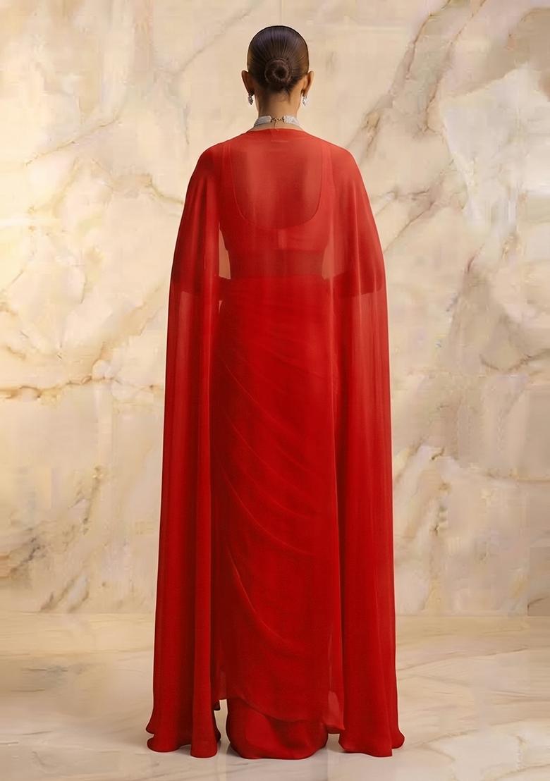 Bright Red Handwork Fusion Set - Indya