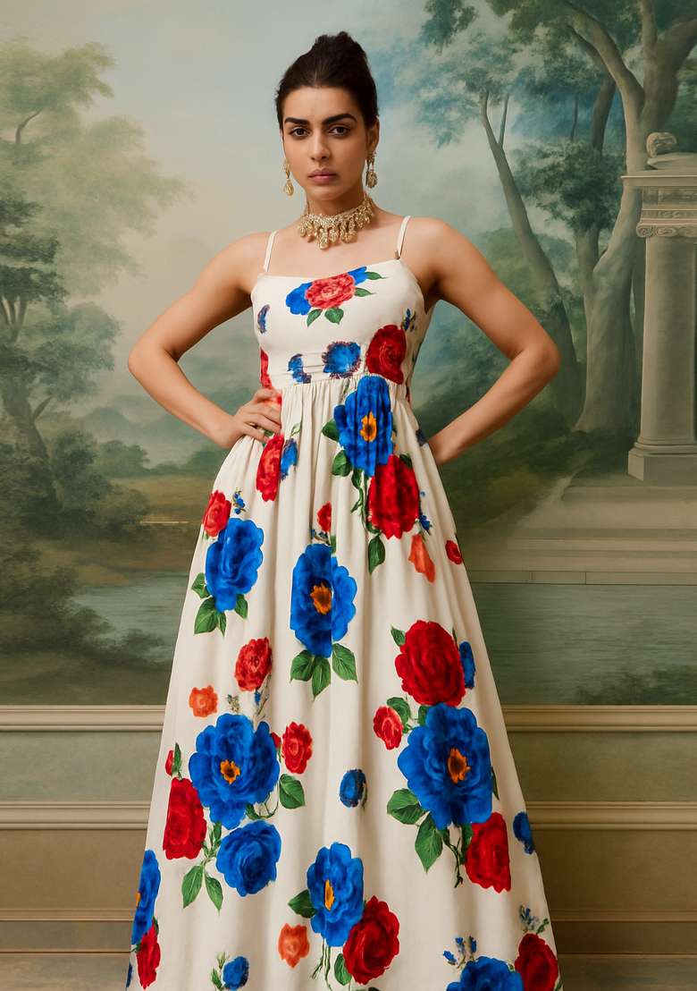 White Crepe Printed Dress - Indya