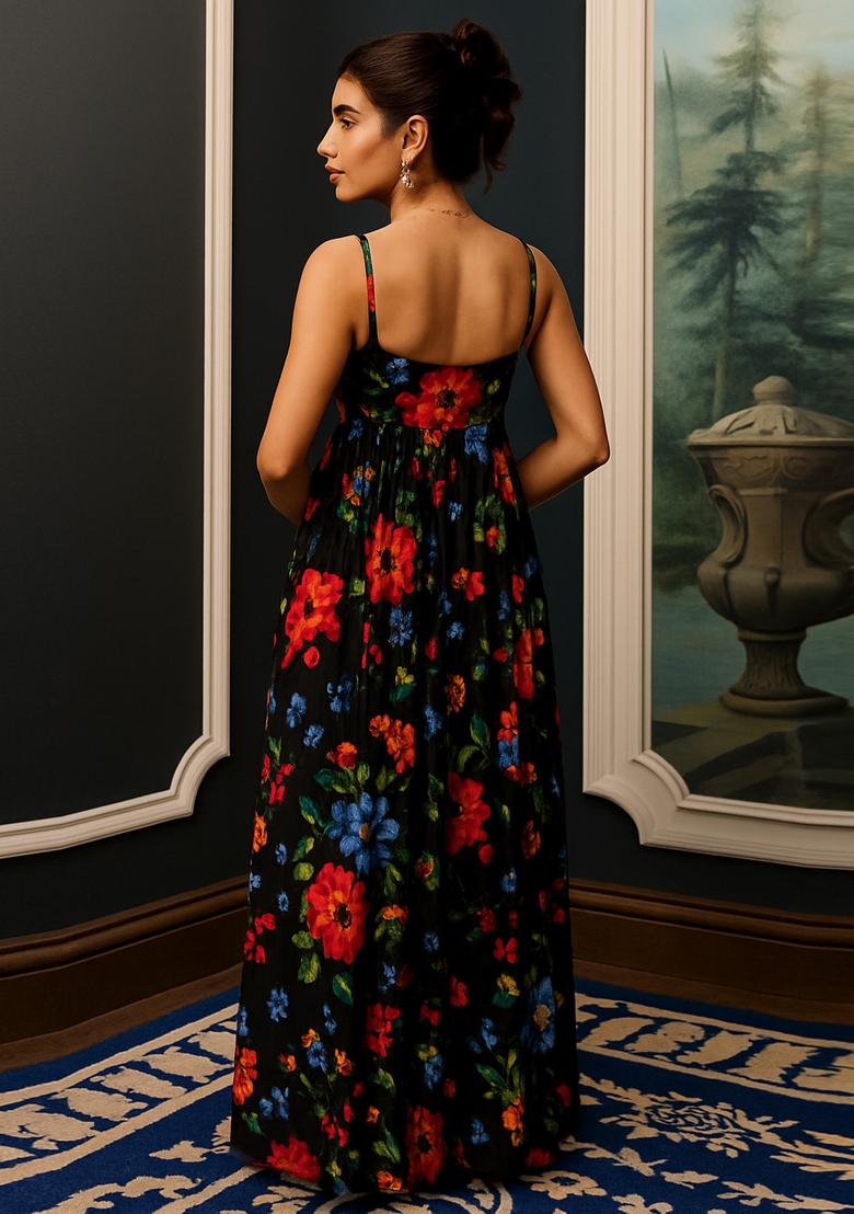 Black Crepe Printed Dress - Indya