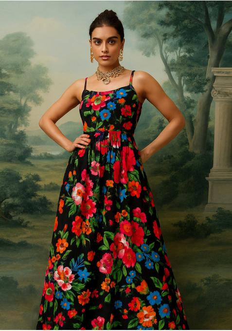 Black Crepe Printed Dress