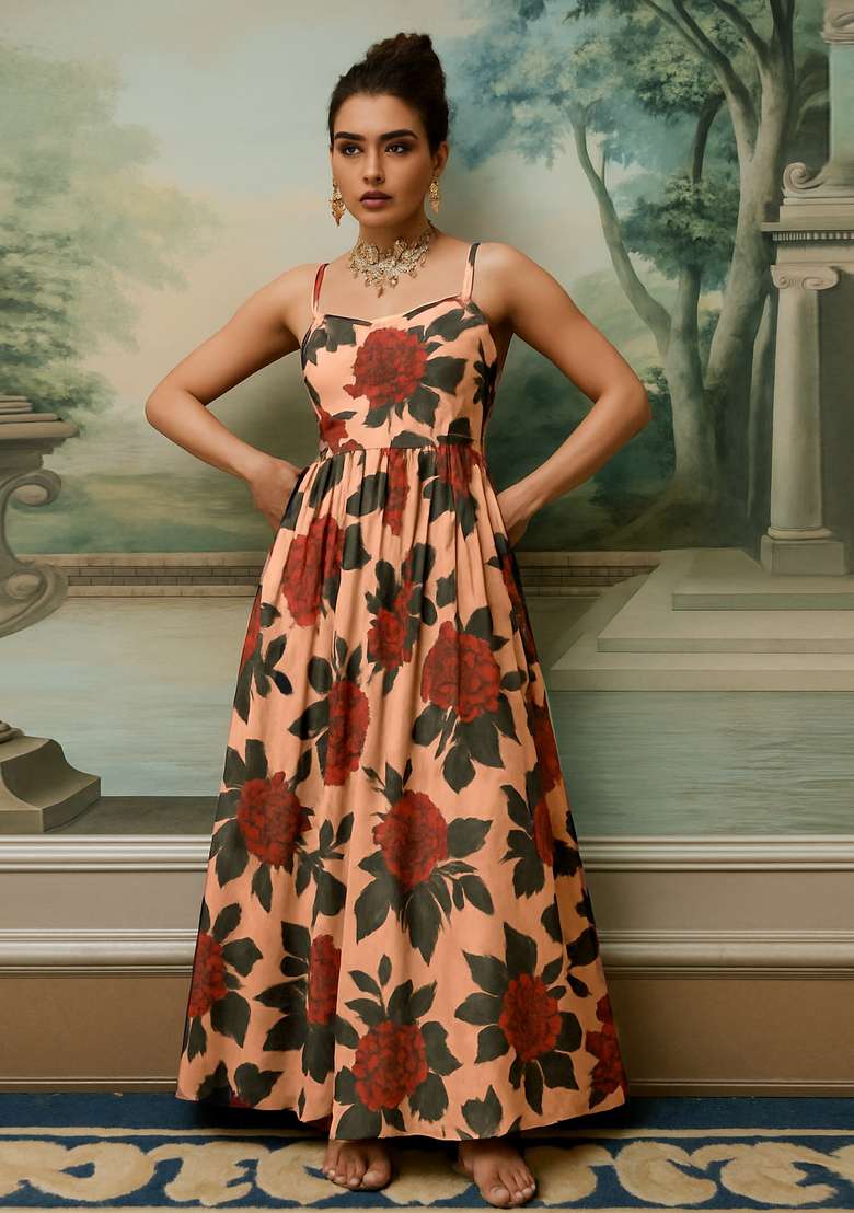 Light Brown Crepe Printed Dress - Indya