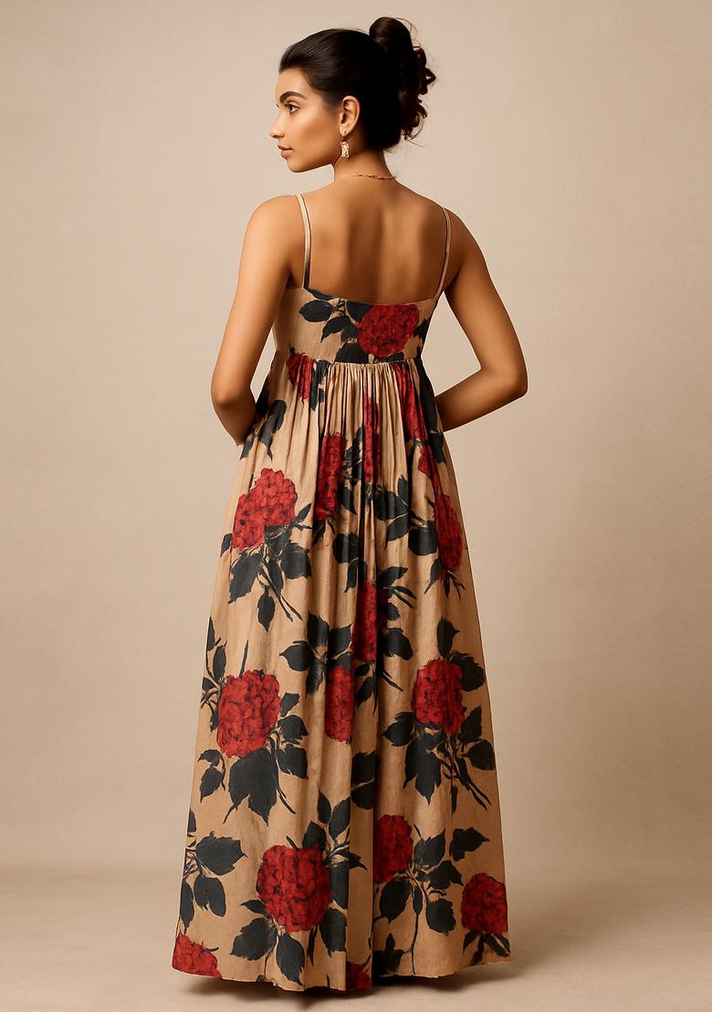 Light Brown Crepe Printed Dress - Indya