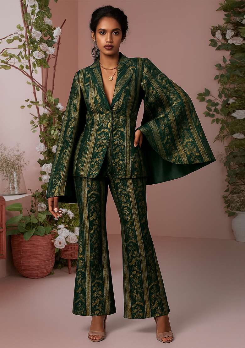 Green Brocade Jacket Cords - Indya