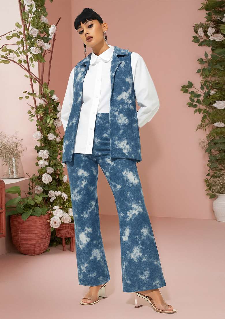 Blue Printed Denim Jacket Cords - Indya