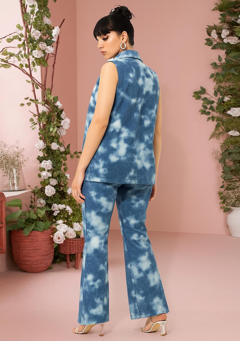 Blue Printed Denim Jacket Cords - Indya