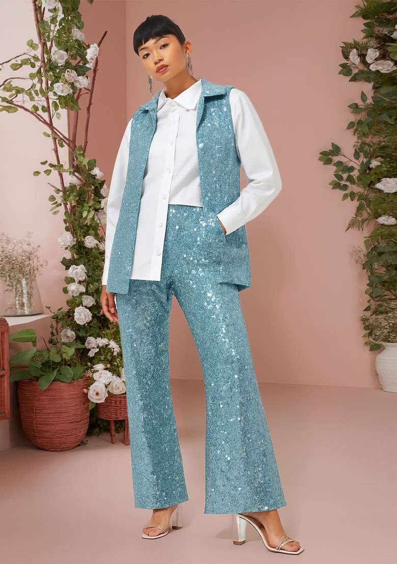 Light Blue Sequin Denim Jacket Cords - Indya