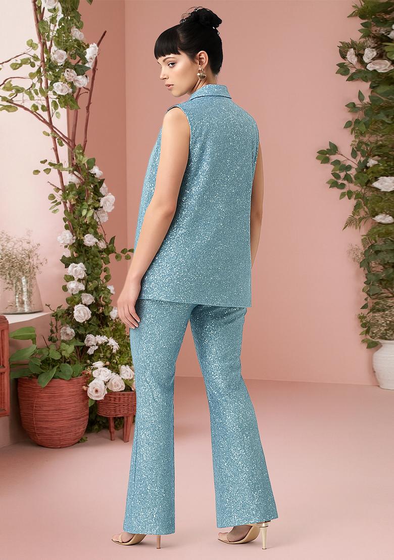 Light Blue Sequin Denim Jacket Cords - Indya