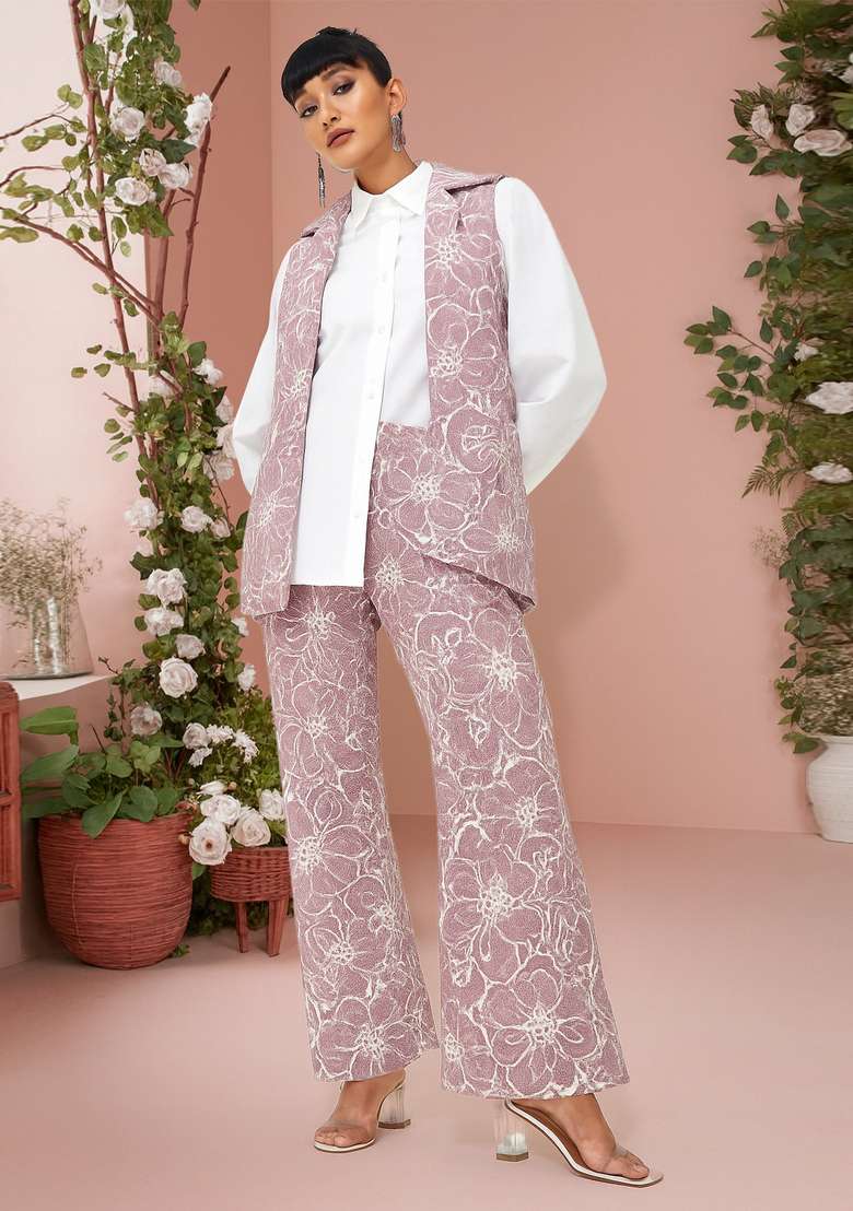 Dusty Pink Embroidered Denim Jacket Cords - Indya