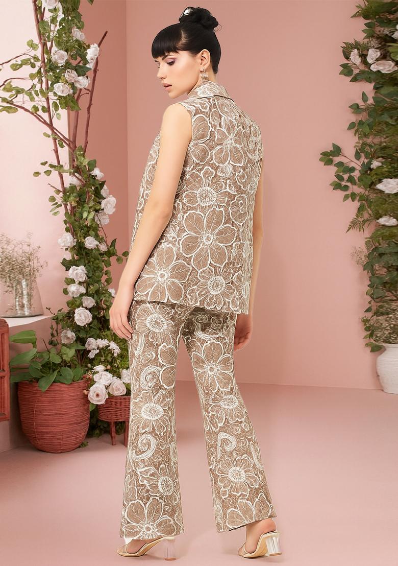 Light Brown Embroidered Denim Jacket Cords - Indya