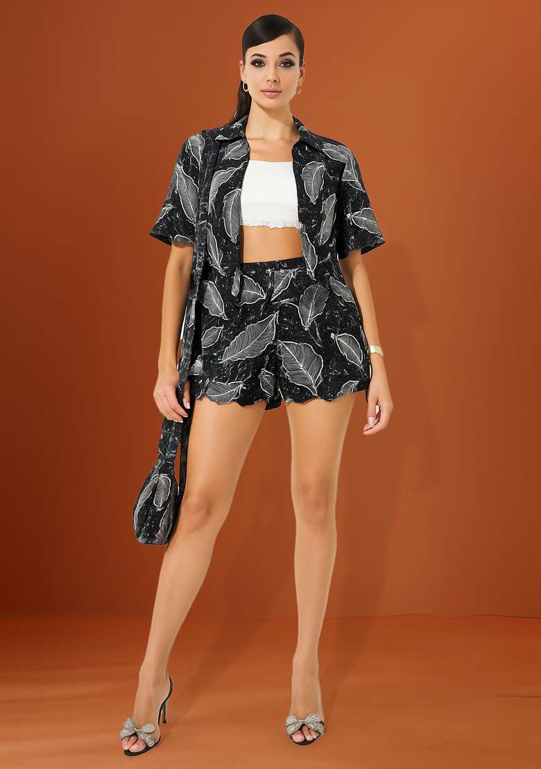 Black And Grey Jacquard Denim Jacket Cords - Indya