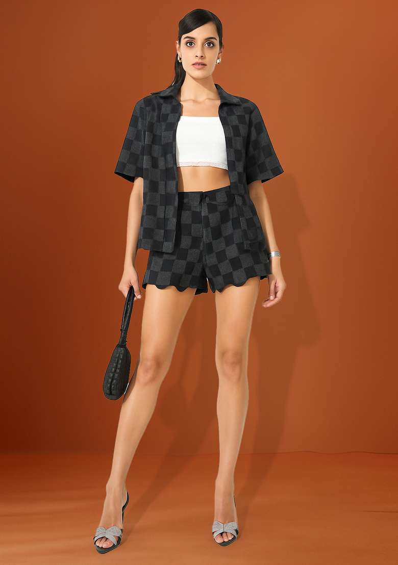Black Jacquard Denim Jacket Cords - Indya