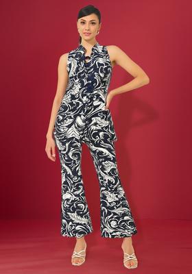 Blue And White Printed Cotton Denim Co-Ord Set