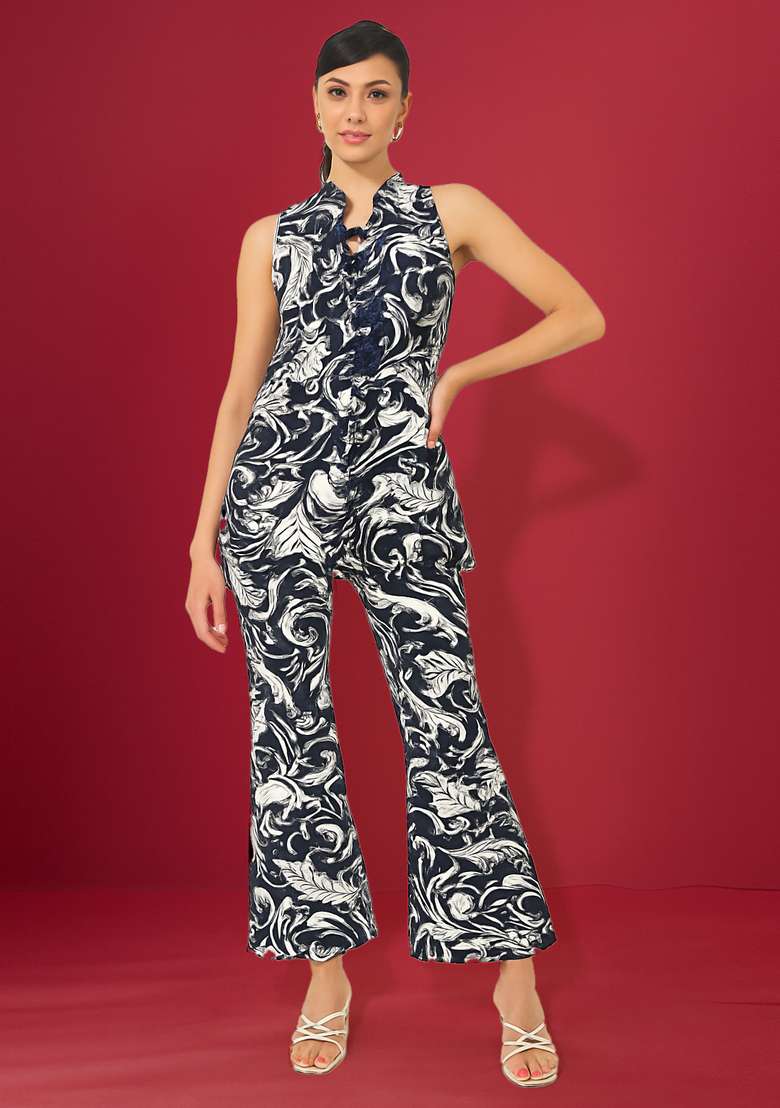 Blue And White Printed Cotton Denim Co-Ord Set - Indya