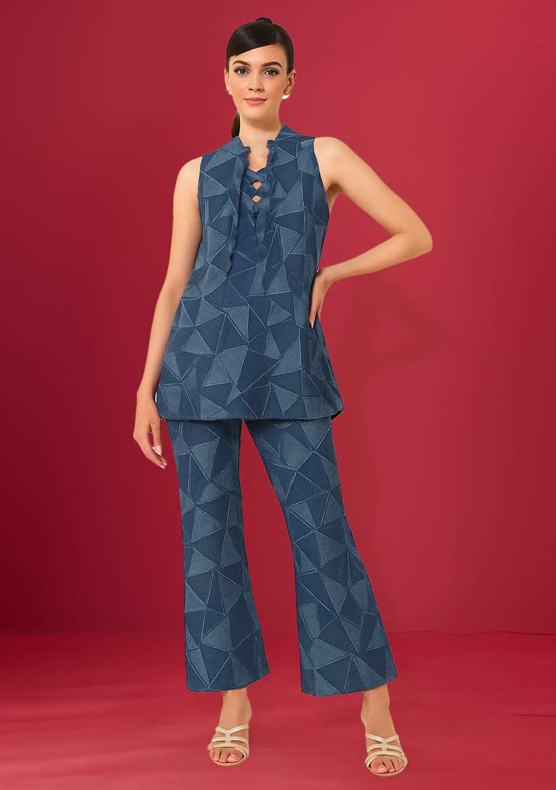 Blue Jacquard Denim Co-Ord Set - Indya