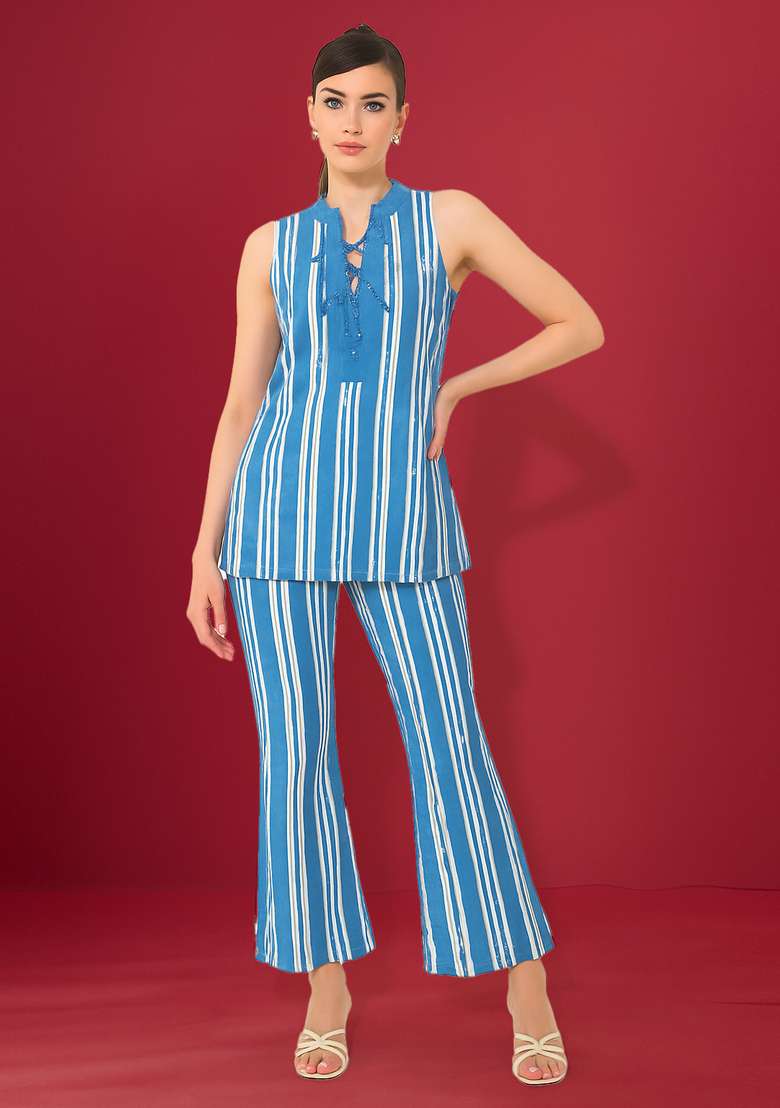 Light Blue Striped Cotton Denim Co-Ord Set - Indya