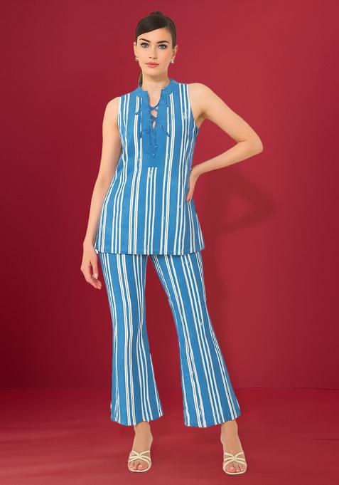 Light Blue Striped Cotton Denim Co-Ord Set