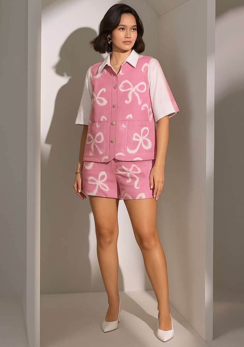 Pink Printed Cotton Denim Co-Ord Set - Indya