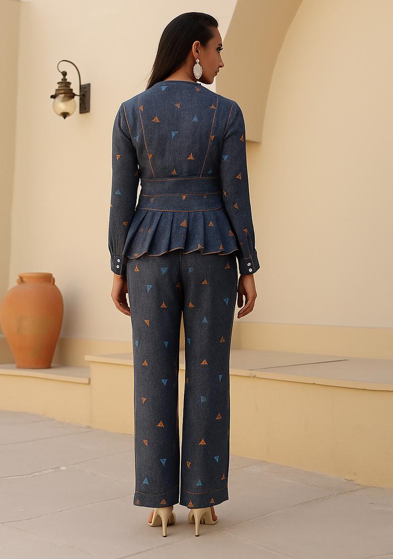Blue Printed Cotton Denim Co-Ord Set - Indya
