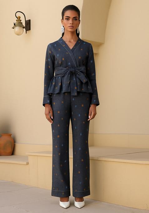 Blue Printed Cotton Denim Co-Ord Set