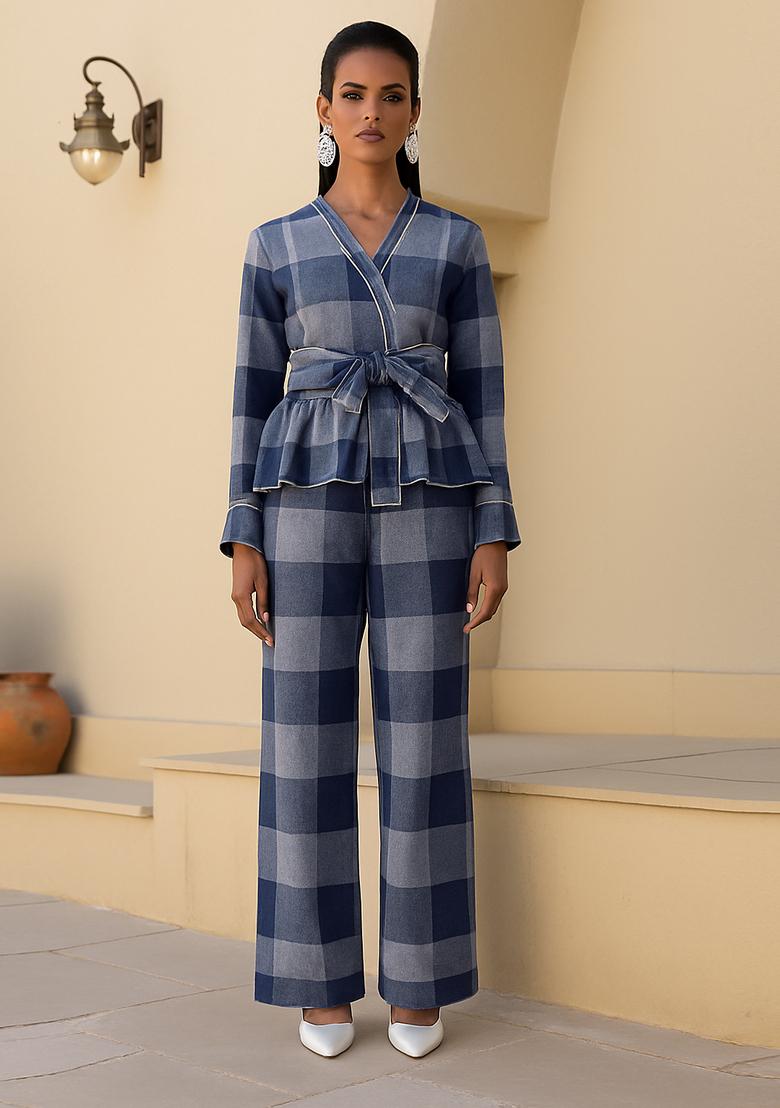 Blue Jacquard Cotton Denim Co-Ord Set