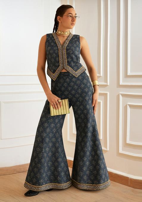 Navy Blue Embroidered Denim Co-Ord Set