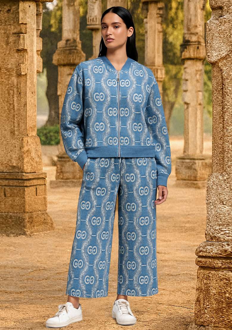 Light Blue Embroidered Denim Jacket Cords - Indya