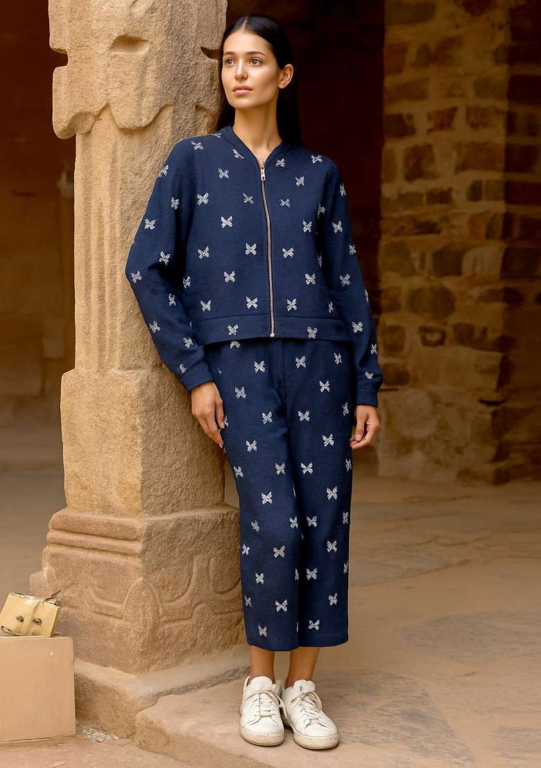 Dark Blue Embroidered Denim Jacket Cords - Indya