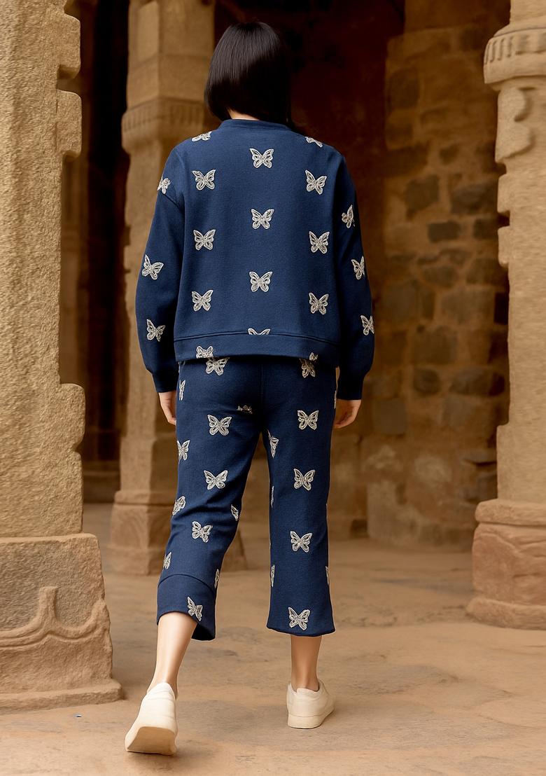 Dark Blue Embroidered Denim Jacket Cords - Indya