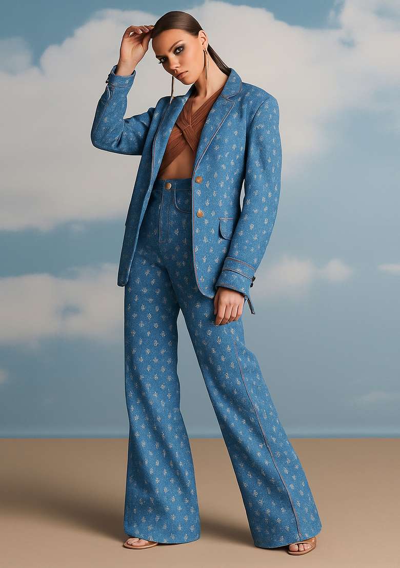 Light Blue Embroidered Denim Blazer Cords - Indya