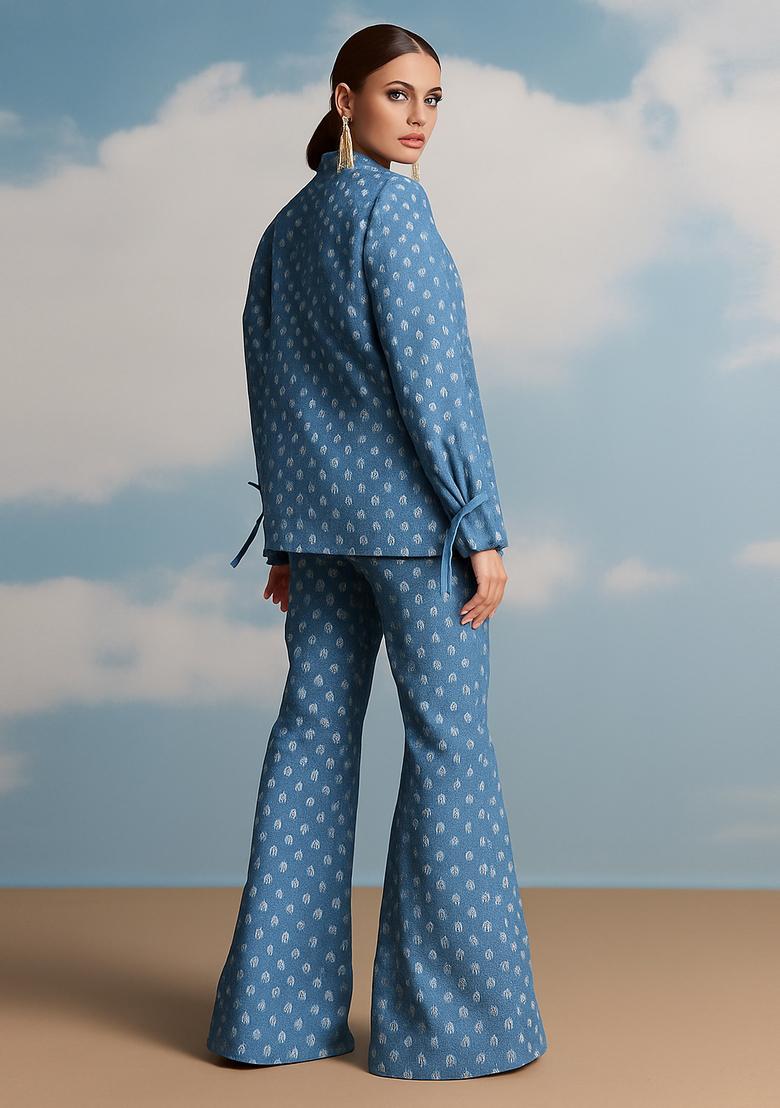 Light Blue Embroidered Denim Blazer Cords - Indya