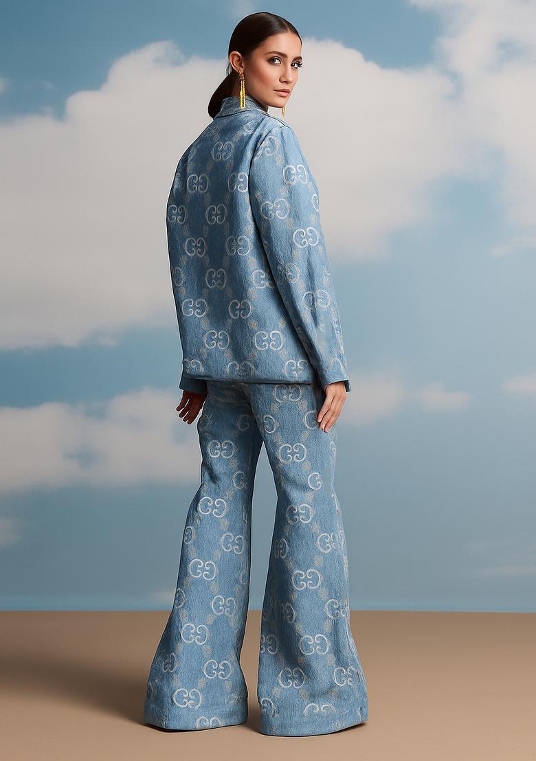 Light Blue Embroidered Denim Blazer Cords - Indya