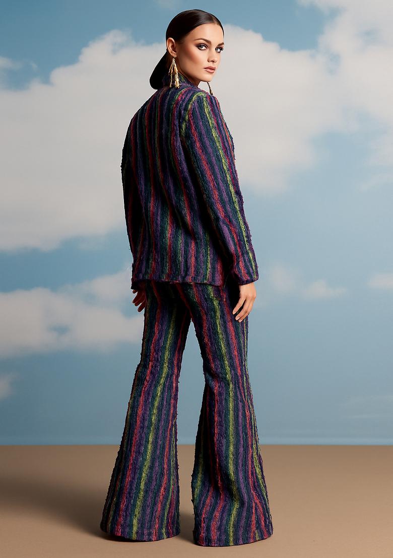 Navy Blue Jacquard Denim Blazer Cords - Indya