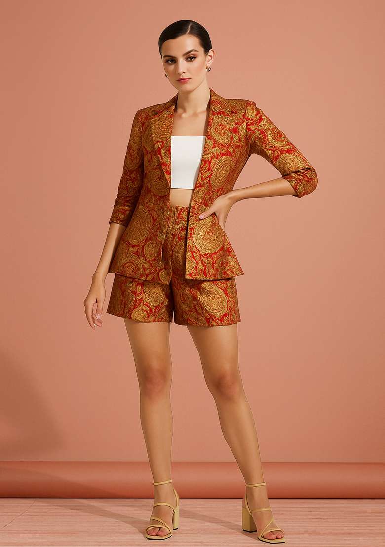 Orange Brocade Blazer Cords - Indya